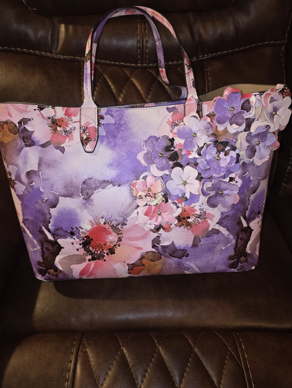 Mondani Lavender Floral Tote with 3D Blossom Accents